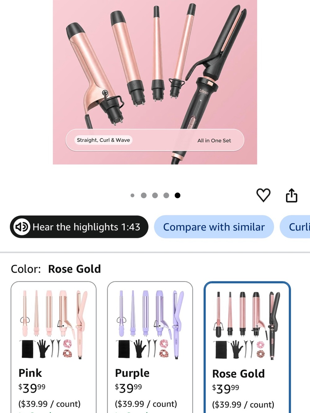 Ufree 5-in-1 Rose Gold Curling Wand Set – Multifunction Styling Kit